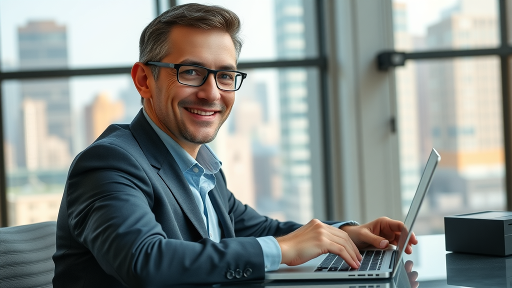 Confident business professional at a desk using laptop displaying a news website, exemplifying what it means to become a featured expert on a media news site.