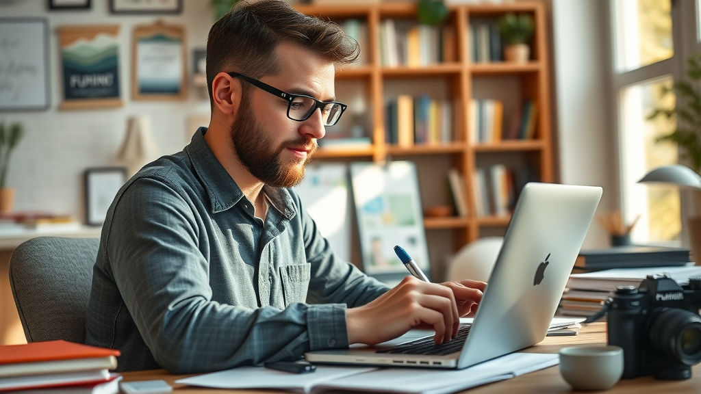 Focused content creator writing blog post for content marketing and lead generation