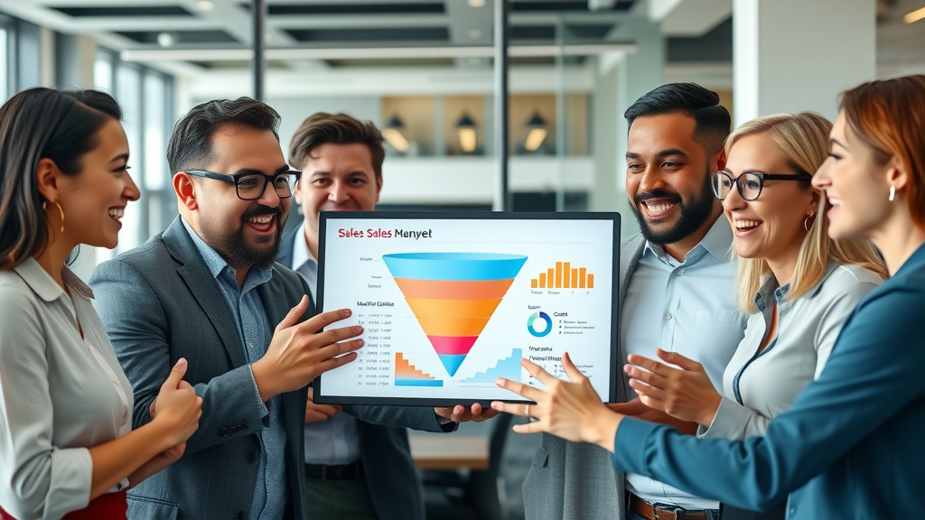 Sales funnel optimization team analyzing marketing funnel data, diverse professionals in modern office, excited expressions, digital screens