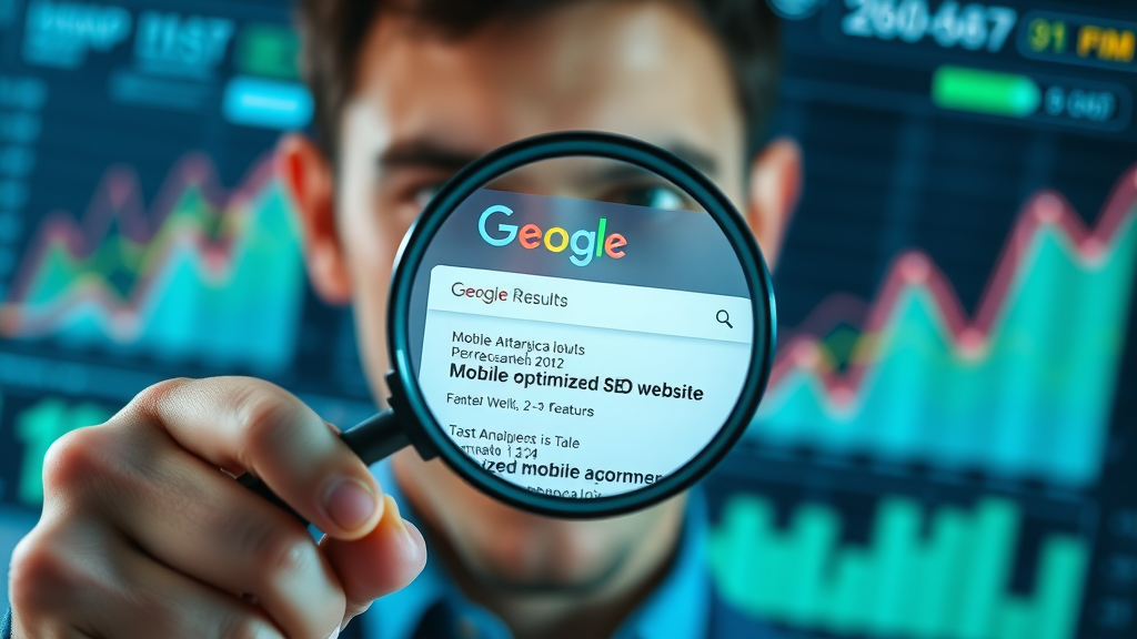Search engine results page with a mobile-optimized website ranked at the top; magnifying glass highlights SEO features and analytics in blue-green hues.
