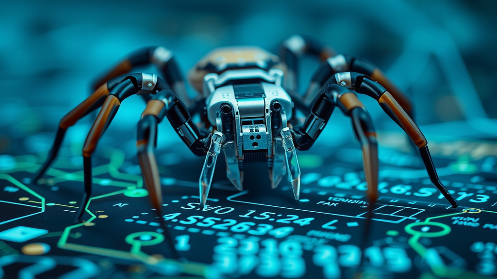Cinematic close-up of a digital robotic spider crawling a high-tech web page, visually demonstrating how search engines work by crawling and analyzing online content, with data flows in vivid blues and greens.
