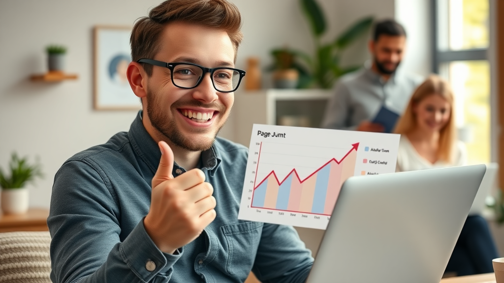 small business owner displaying page SEO growth chart on laptop; celebrating on-page optimization success; featured snippet improvements