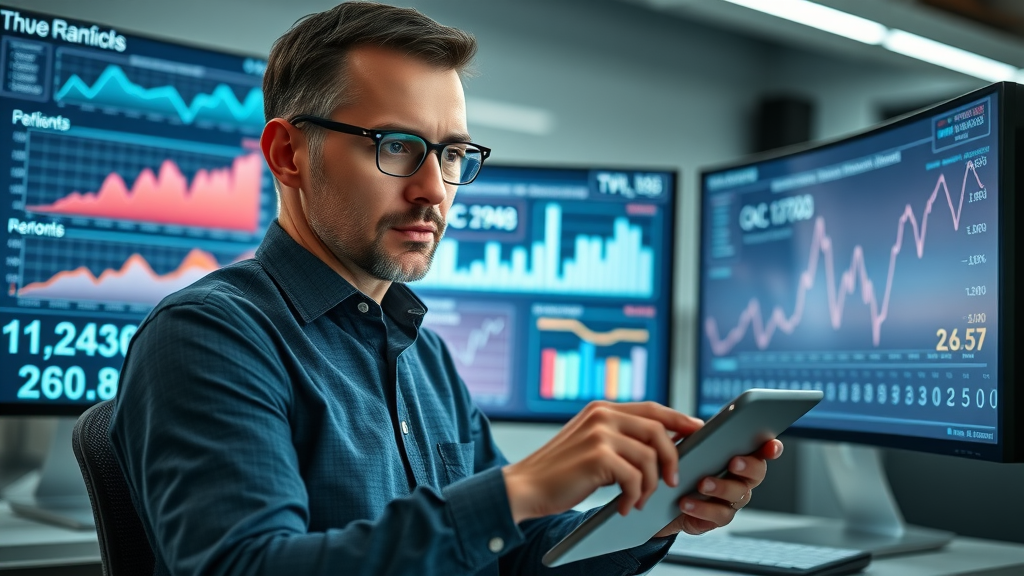 Financial analyst monitoring customer acquisition cost metrics on dual screens, tech-inspired office, data streams, blue highlights, digital tablet