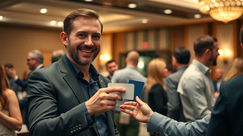 entrepreneur networking and exchanging business cards at an event, small business marketing