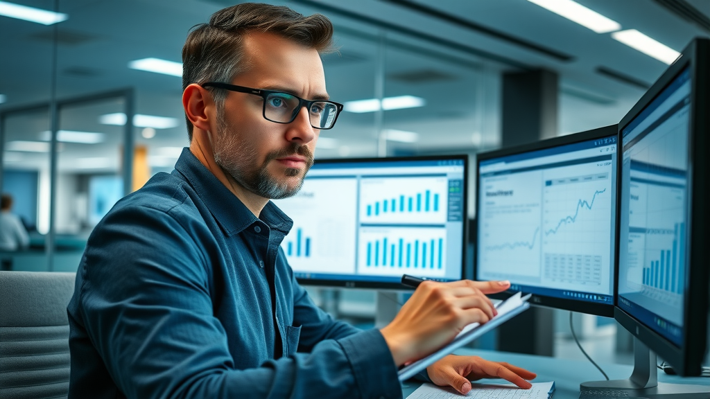 SEO analyst monitoring link profile metrics, tracking domain authority for authority backlinks