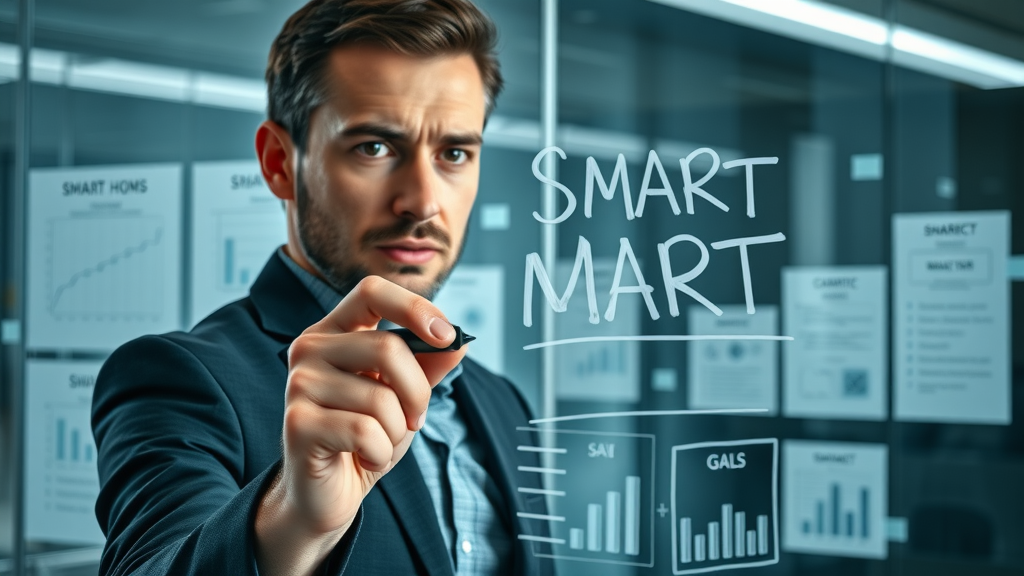 Marketing manager writing SMART goals for social media marketing strategies - strategy charts, modern office