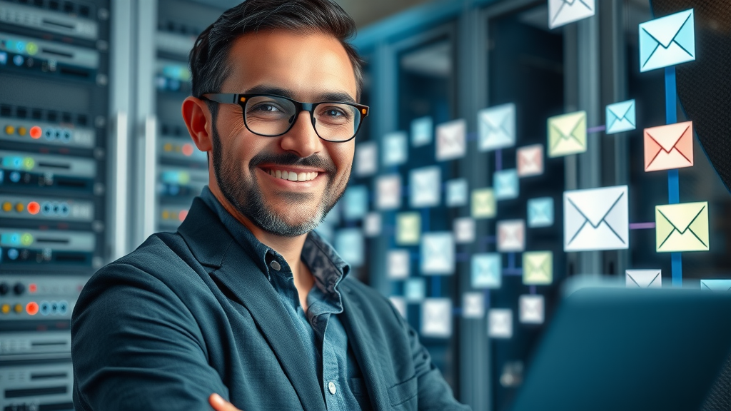 IT specialist overseeing successful email deliverability in high-tech server room with email envelope graphics