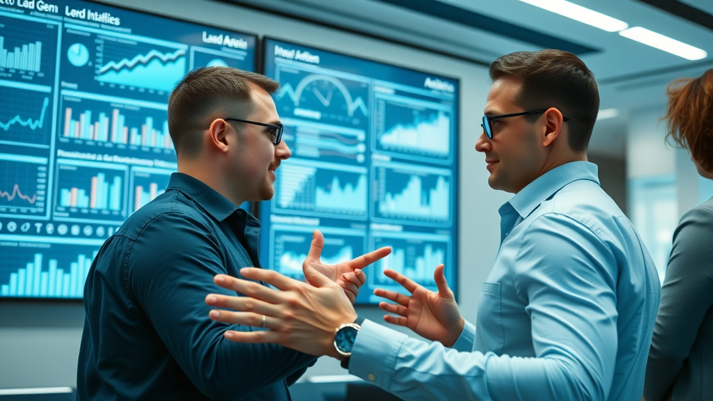 Team of analysts tracking lead generation KPIs on interactive dashboards