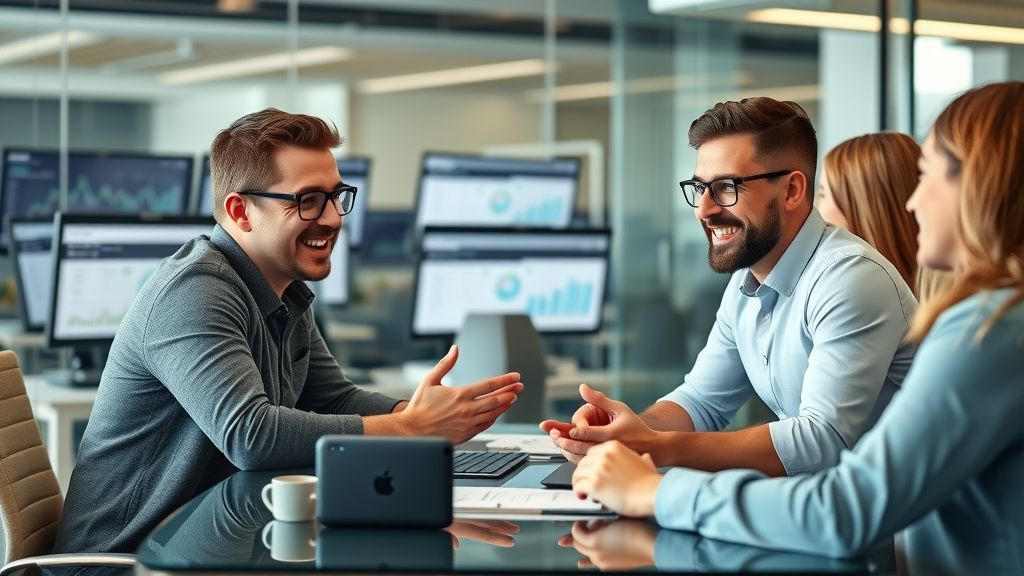 professional digital marketers collaborating on guest post content strategy in a modern office, discussing at a table with analytical data on monitors