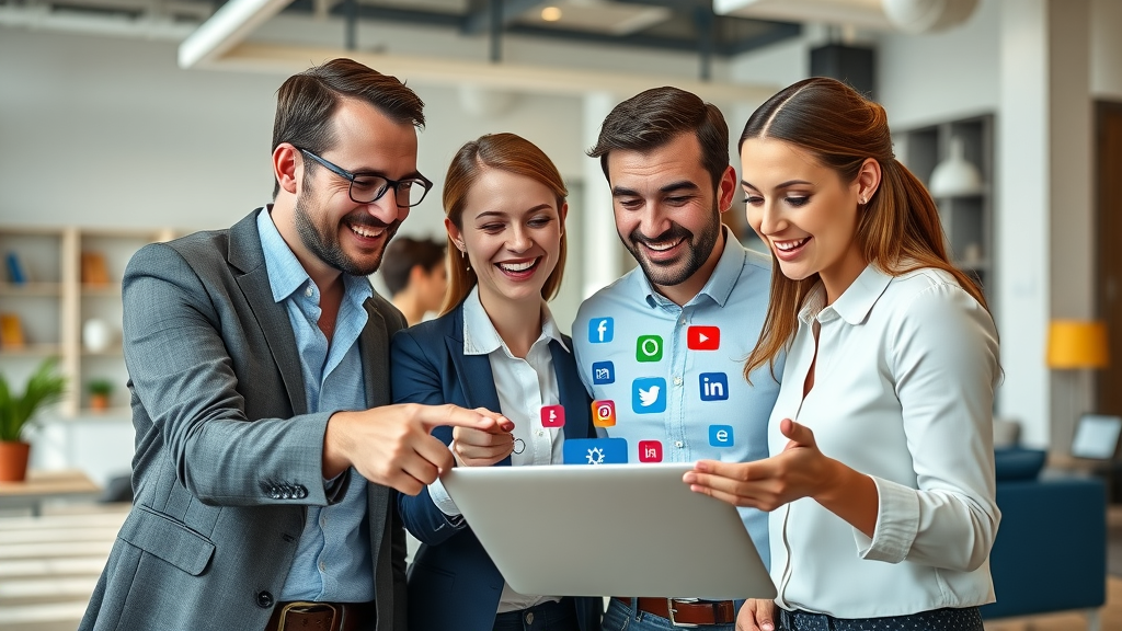 enthusiastic business team collaborating on digital strategy, social media lead gen