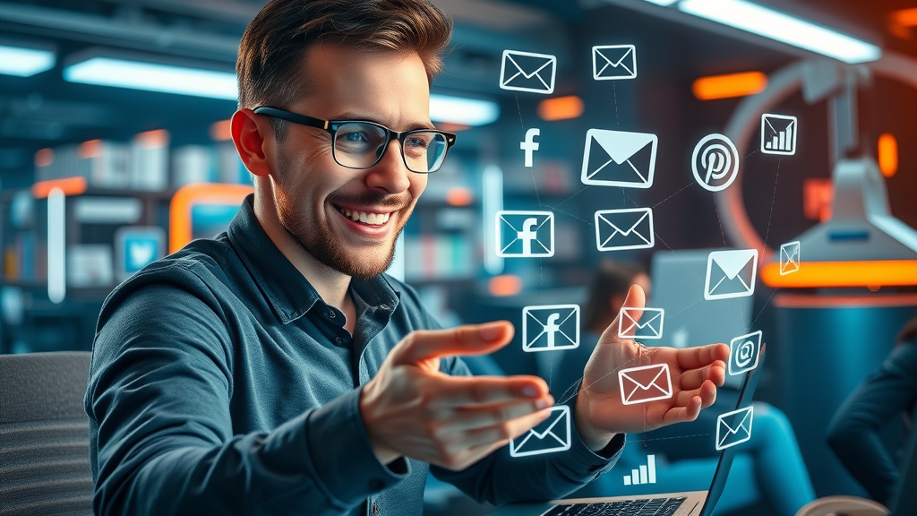Marketer seamlessly integrating social media channels with email marketing campaigns in digital workspace