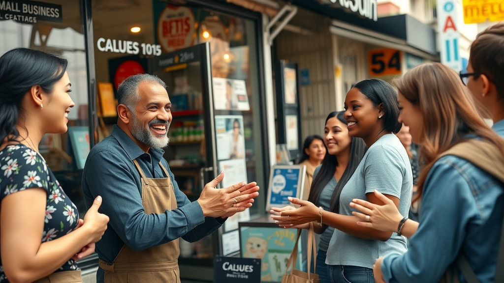 Vibrant small business storefront showing engagement tactics for small businesses, smiling business owner greeting happy customers in a lively local market street.