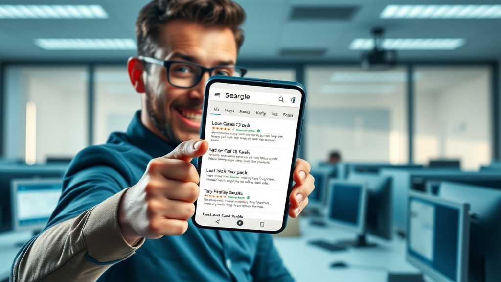 search engine results page displaying local 3-pack, user pointing at smartphone, local seo