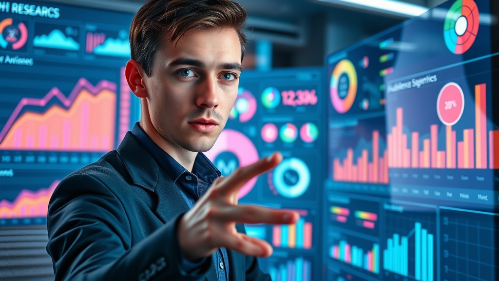 Small business analyst using market research dashboard for social media insights.