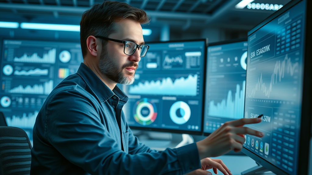 professional business analyst reviewing SEO metrics for off-page SEO on a large monitor