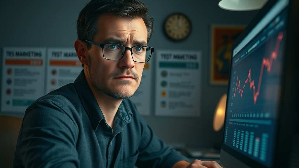 Worried marketer reviewing declining metrics in dimly lit workspace - content marketing, blog post