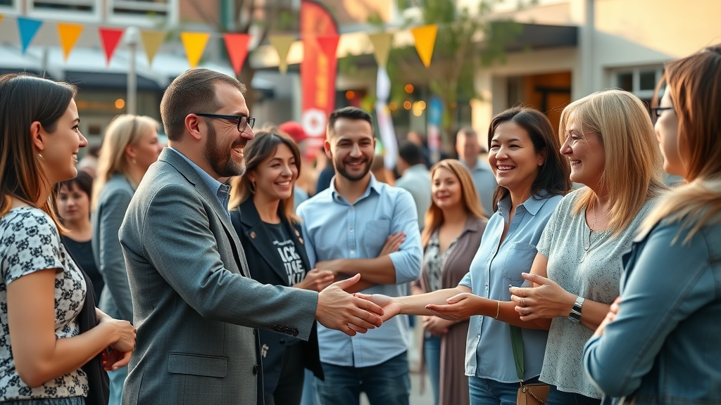 Happy community group gathering, local business social media tactics, business owners networking at a local event, friendly outdoor courtyard, spring colors, golden light