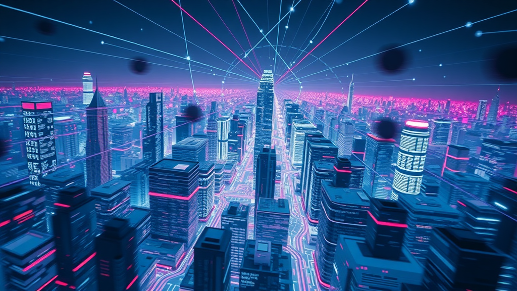 search engine algorithms visualized through a web page cityscape, ranking factors in motion