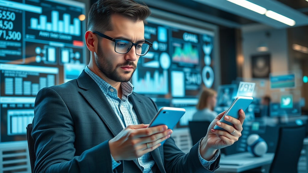 Small business owner coordinating engagement tactics across email, SMS, and social media devices with futuristic hi-tech office.