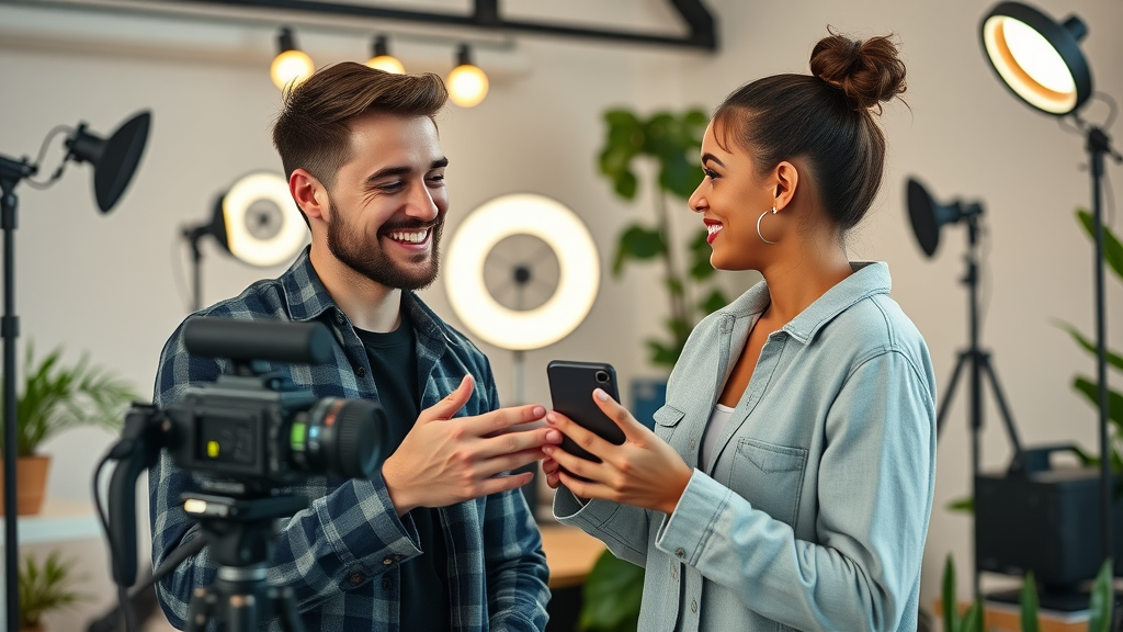 social media advertising ideas influencer collaborating with marketing manager, recording video content together, creative studio and tech equipment