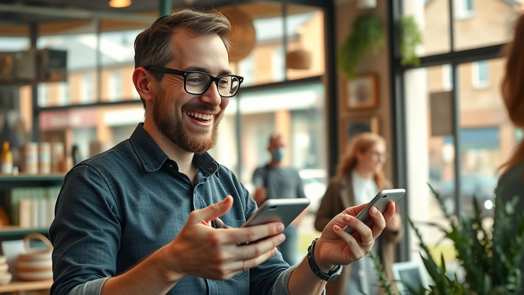 Vibrant local business owner engaging with digital devices, local business social media tactics, cozy shop setting, customers browsing in the background, natural morning light