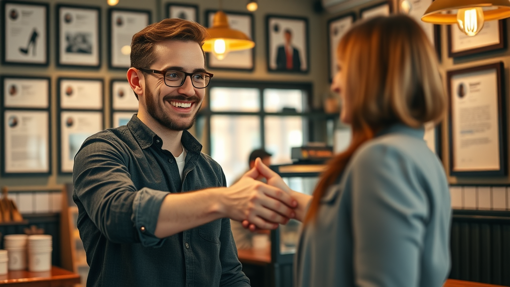 business owner celebrating positive reviews by shaking hands with happy customer in shop
