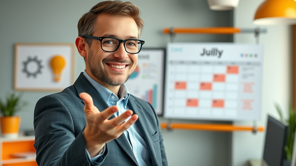 Business consultant with digital scheduling calendar, encouraging strategy session booking for sales funnel optimization