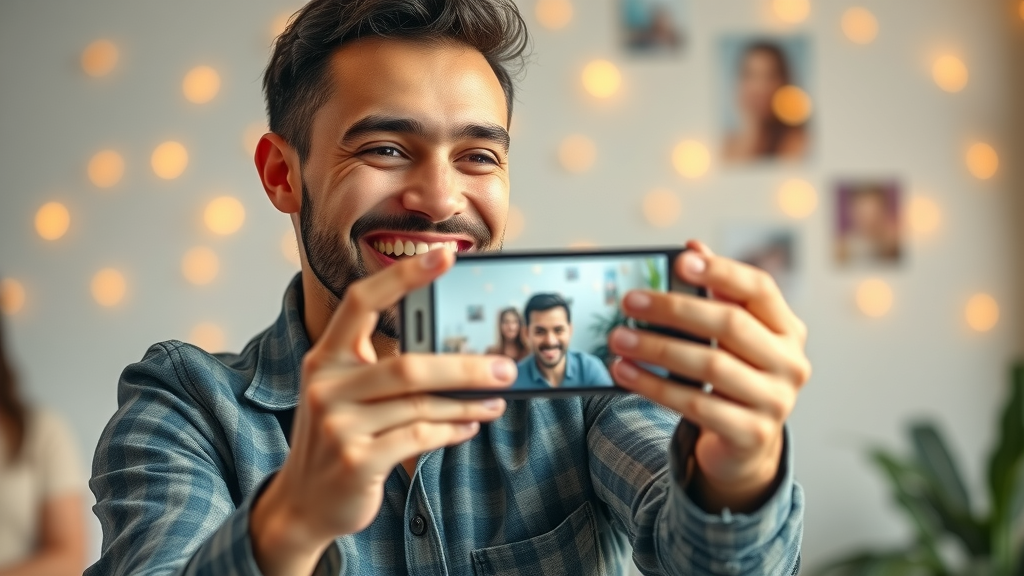 Influencer creating engaging video content - social media marketing strategies, smartphone filming, engaged reactions