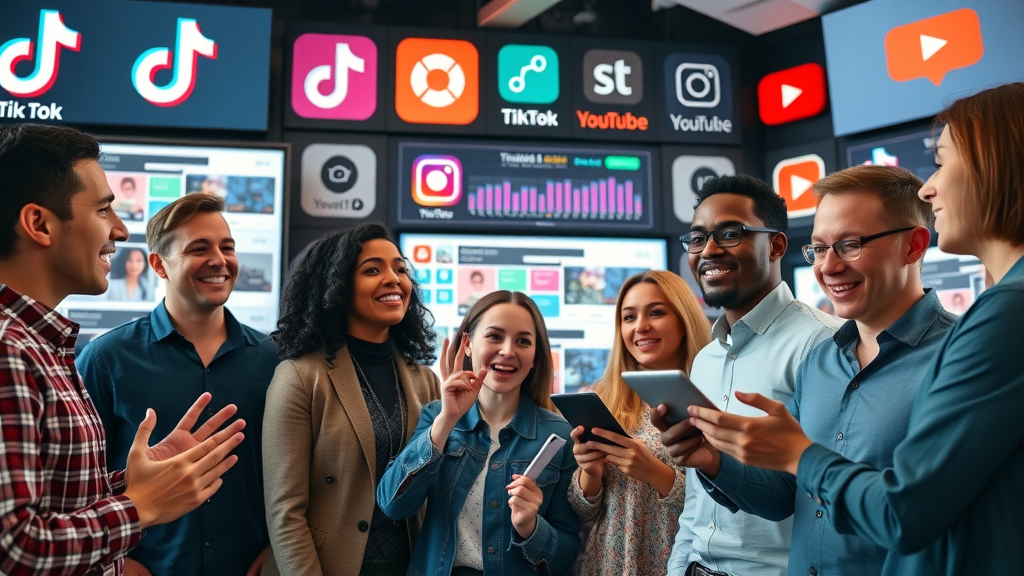 digital marketers analyzing social media platform ad trends and statistics on interactive screens