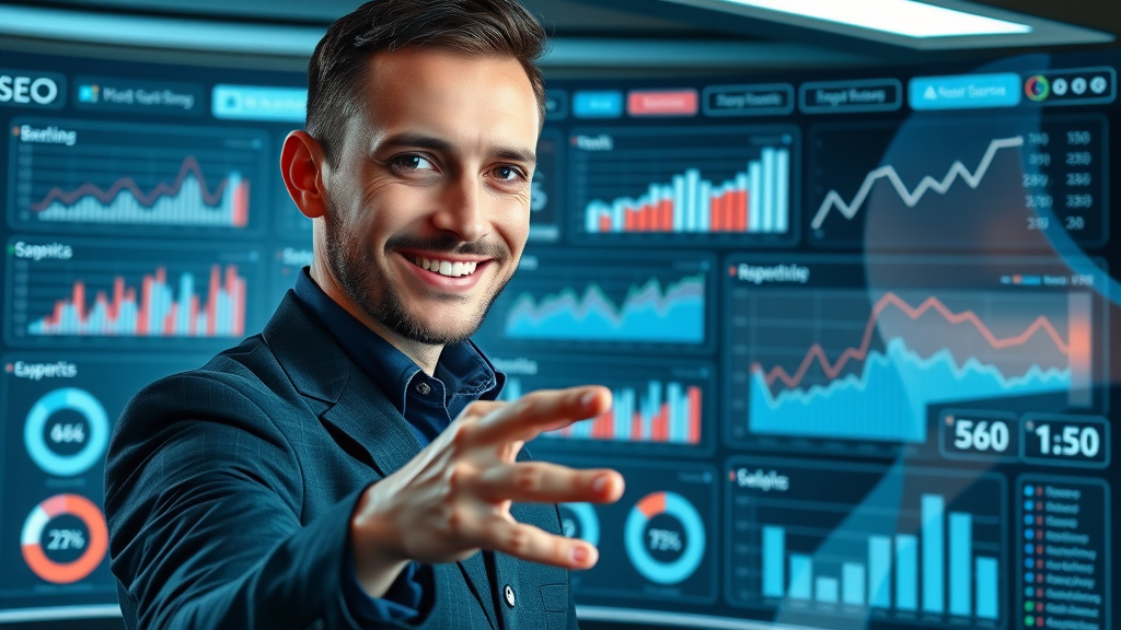 Futuristic SEO dashboard interface centralizing analytics tools and SEO reports