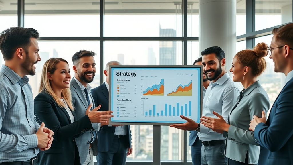 Modern business team analyzing sales growth metrics for customer acquisition in a collaborative workspace, digital dashboard, cityscape in background, natural daylight, confident professionals, dynamic gestures