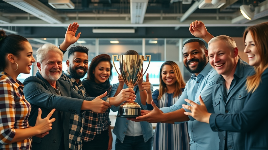 successful diverse team celebrating off-page SEO wins with performance graphs