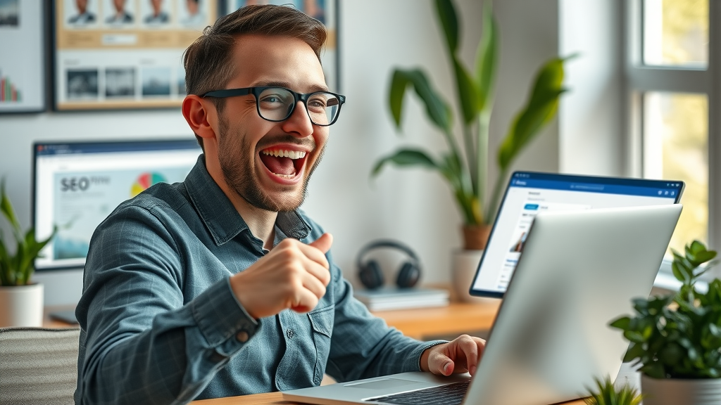 SEO expert celebrating fixing broken link on authority site, broken link building for high authority backlinks