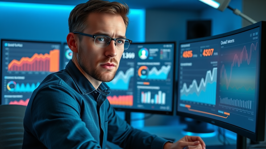marketing analyst reviewing influencer campaign analytics on dual monitors - influencer marketing data analysis