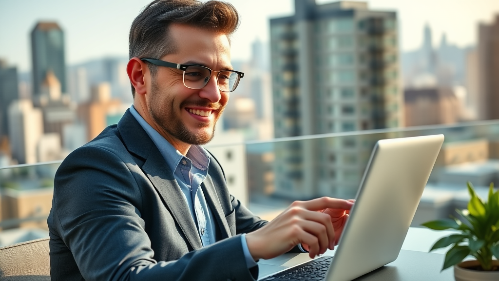 business leader engaging with social media followers online presence positive interactive cityscape