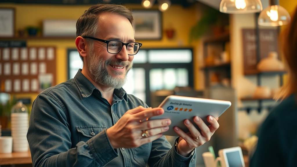 community-focused business owner receiving positive customer reviews for local SEO impact