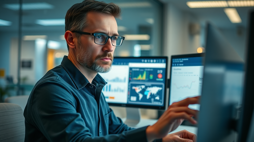 business owner using review management software dashboard analyzing customer review data