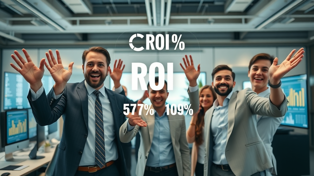 ROI statistics infographic for email marketing campaigns, excited professionals, modern business office, digital data visualization