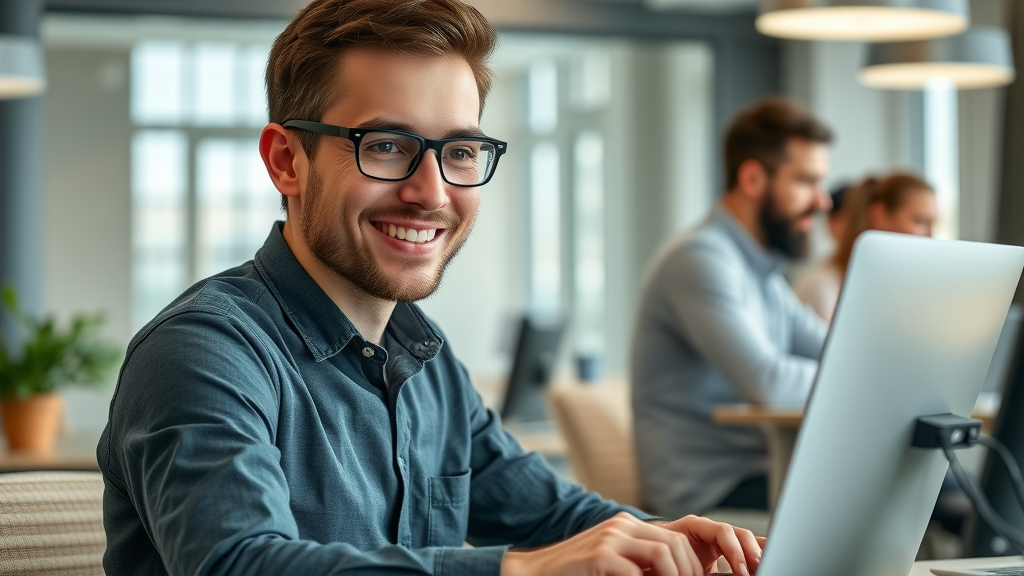 friendly digital marketing specialist crafting a personalized outreach email in a modern workspace