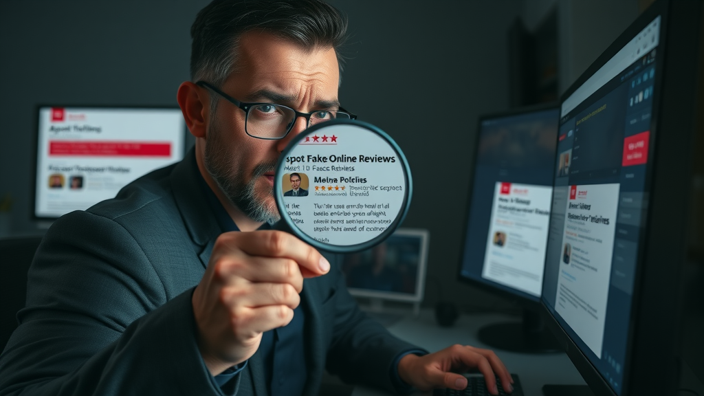 concerned business owner identifying fake online reviews on computer screen
