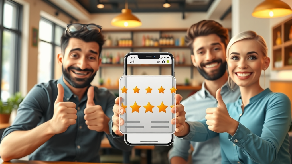 happy customers leaving 5-star reviews on mobile app for local restaurant, customer reviews, local seo