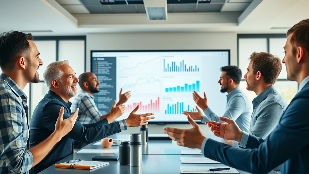 team discussing analytics on screen, media analytics, social media analytics, business meeting with digital board showing charts