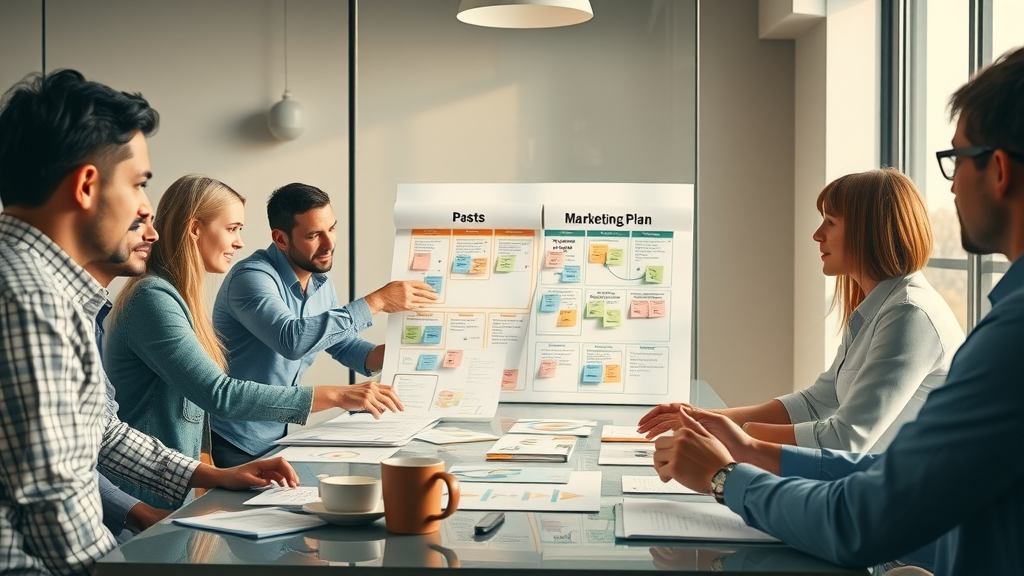 team of marketers collaborating on marketing plan, strategic discussion, conference room, digital marketing strategy development