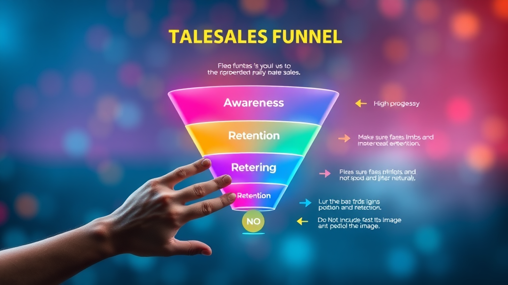 Colorful sales funnel stages illustration from awareness to retention with arrows and gradient transitions