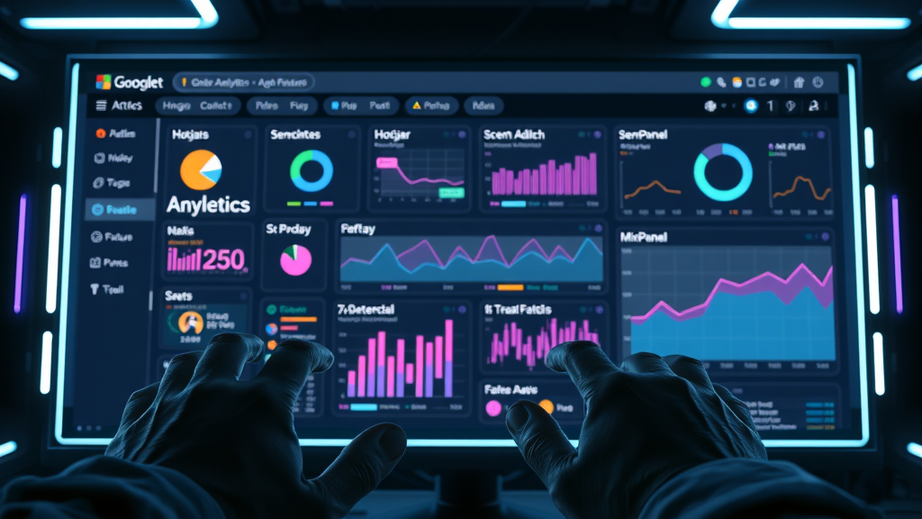analytics software dashboard displaying Google Analytics, Hotjar, SEMrush, Mixpanel features side by side