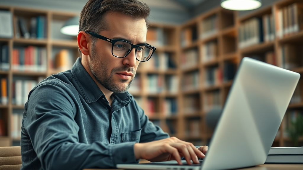 Meticulous researcher analyzing laptop display of news site domain authority, providing insights for becoming a featured expert on a media news site.