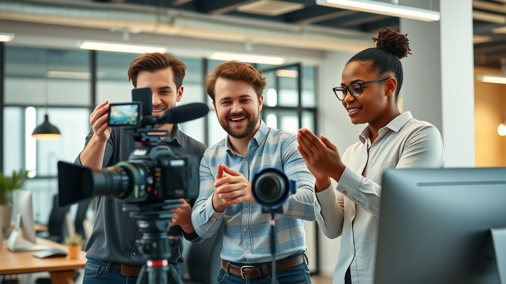 video marketing for small businesses team collaborating shooting promotional video in modern office