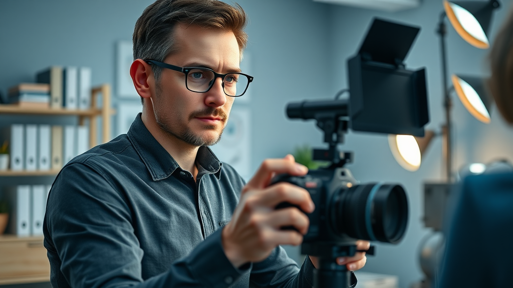 Small business video tips - entrepreneur setting up camera for product demo in home office