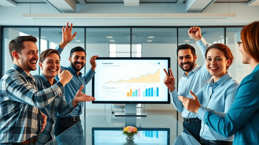 business team celebrating website conversion rates increase with website analytics dashboard