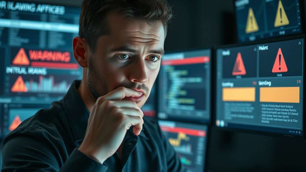 analyst examining complicated data, warning icons, social media analytics, data overload, media data analysis